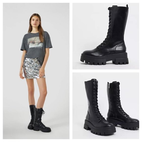Pull&bear lace up boot with cleated sole in black Clearance